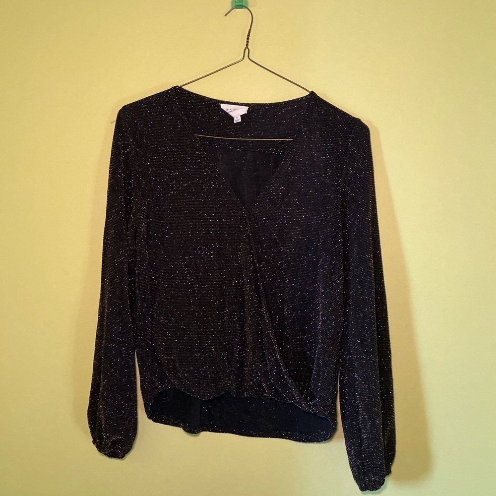 Anthropologie If By Sea Black Gold Glitter Deep V Faux Wrap Top